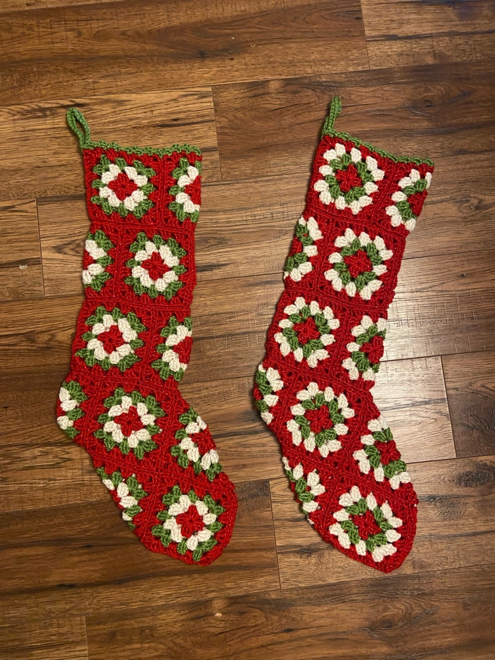 Vtg GRANNY SQUARE Christmas Stockings Crocheted Holiday Red White Green Pair Set